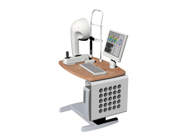 Modularer, höhenverstellbarer Systemtisch für ophthalmologische Geräte. 