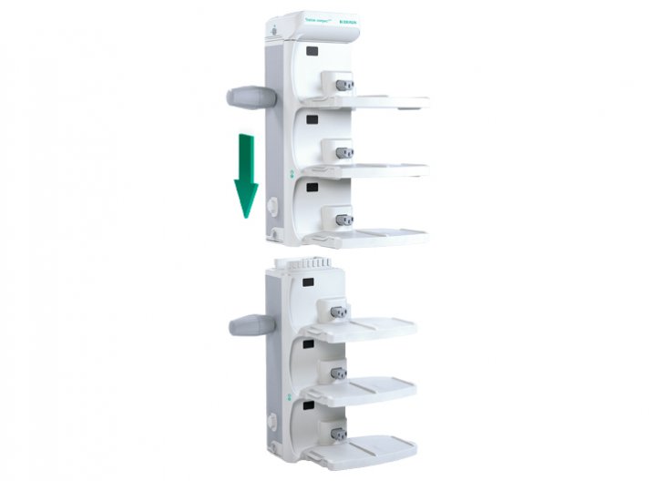 Station Compact Plus Docking station for 1-3 infusion pumps. The tool-free installation of up to 6 stations, in one or two columns, enables easy and fast data communication with a maximum of 18 infusion pumps. 