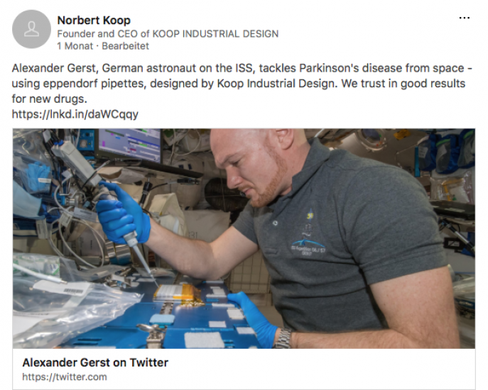 Alexander Gerst, German astronaut on the ISS, tackles Parkinson's disease from space - using eppendorf pipettes, designed by Koop Industrial Design. We trust in good results for new drugs.